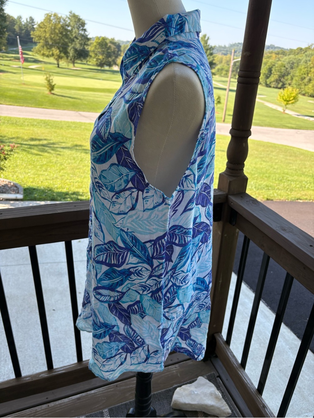 Sigrid Olsen 100% Linen Blue Tropical Palm Leaf Sleeveless Shirt Dress Medium - Picture 3 of 8